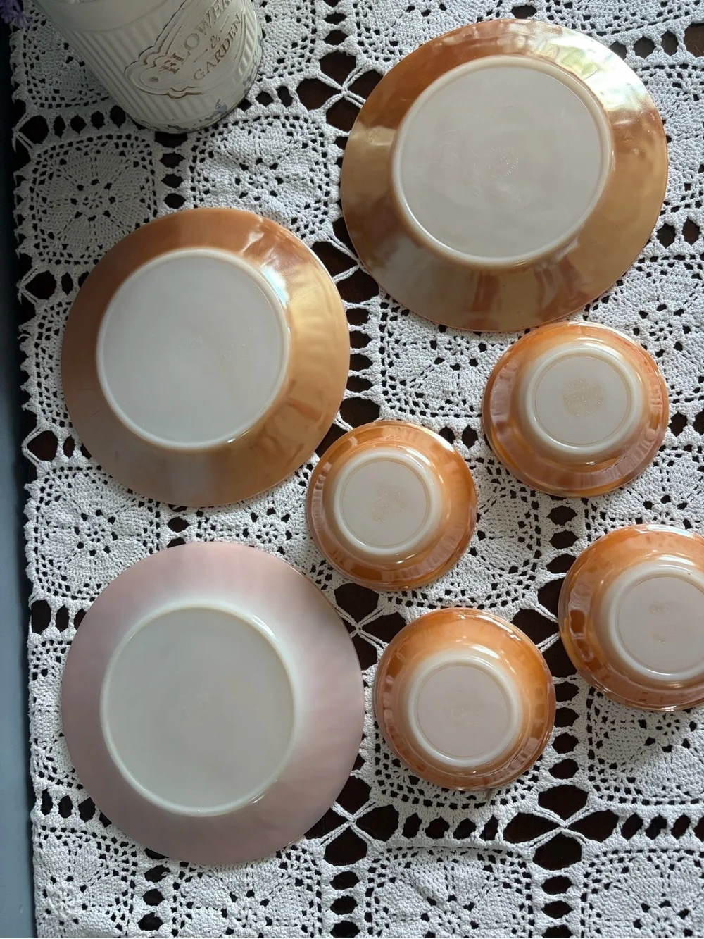 Fire King Peach Luster Laurel 4 Dessert Bowls/2 Plates/ 1 Pink Swirl